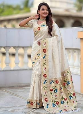 cream soft paithani style silk blend with zari weaving meenakari saree with blouse 3