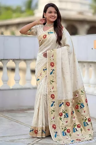cream soft paithani style silk blend with zari weaving meenakari saree with blouse