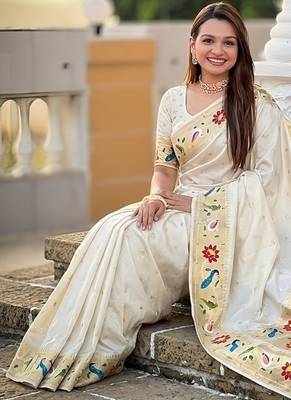 cream soft paithani style silk blend with zari weaving meenakari saree with blouse 4