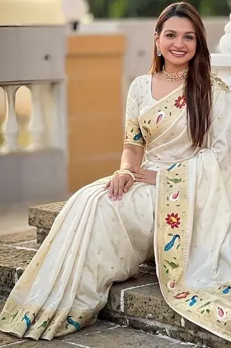cream soft paithani style silk blend with zari weaving meenakari saree with blouse