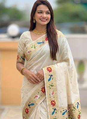 cream soft paithani style silk blend with zari weaving meenakari saree with blouse 5
