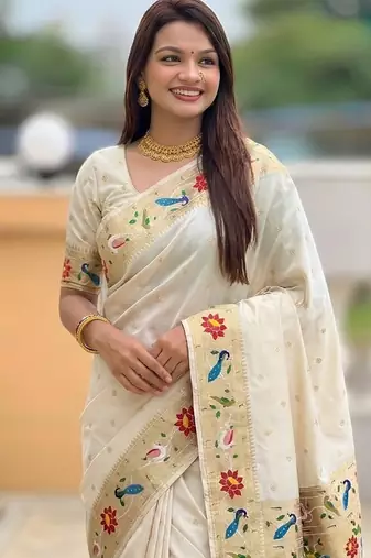 cream soft paithani style silk blend with zari weaving meenakari saree with blouse