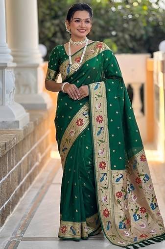 green soft paithani style silk blend with zari weaving meenakari saree with blouse