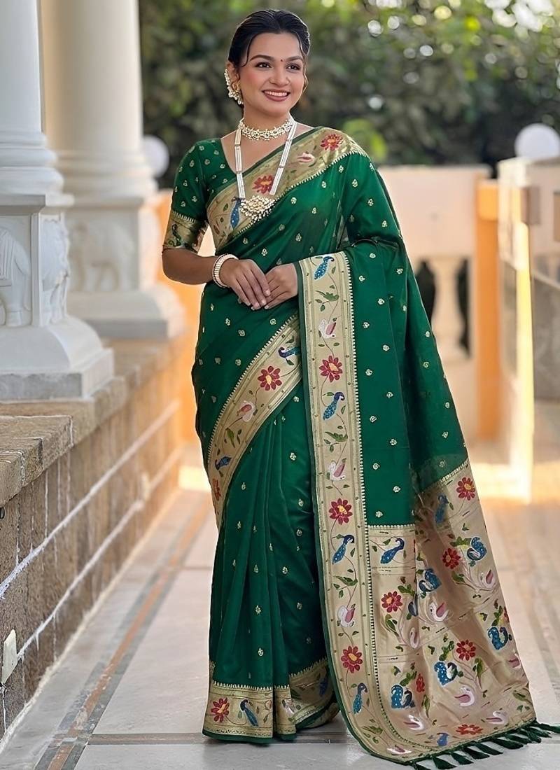 green soft paithani style silk blend with zari weaving meenakari saree with blouse