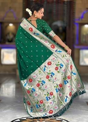 green soft paithani style silk blend with zari weaving meenakari saree with blouse 2