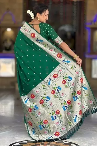 green soft paithani style silk blend with zari weaving meenakari saree with blouse