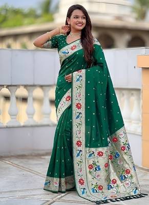 green soft paithani style silk blend with zari weaving meenakari saree with blouse 3