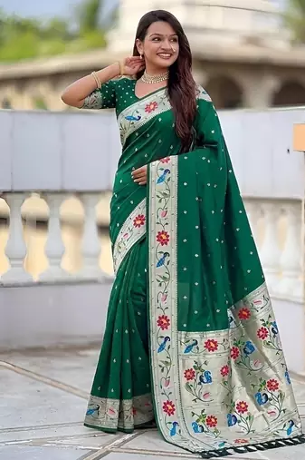 green soft paithani style silk blend with zari weaving meenakari saree with blouse