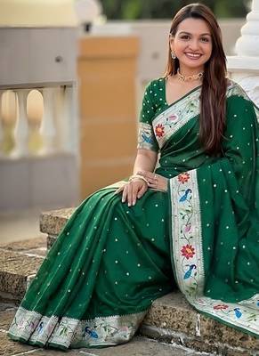 green soft paithani style silk blend with zari weaving meenakari saree with blouse 4