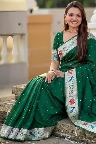 green soft paithani style silk blend with zari weaving meenakari saree with blouse