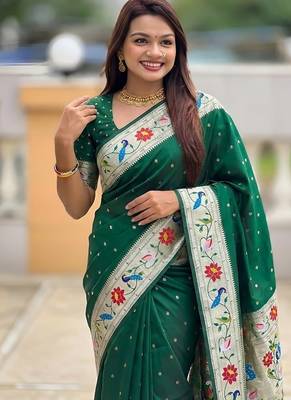 green soft paithani style silk blend with zari weaving meenakari saree with blouse 5