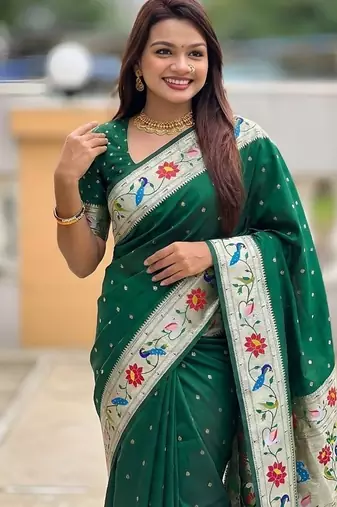 green soft paithani style silk blend with zari weaving meenakari saree with blouse