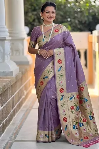 lavender soft paithani style silk blend with zari weaving meenakari saree with blouse