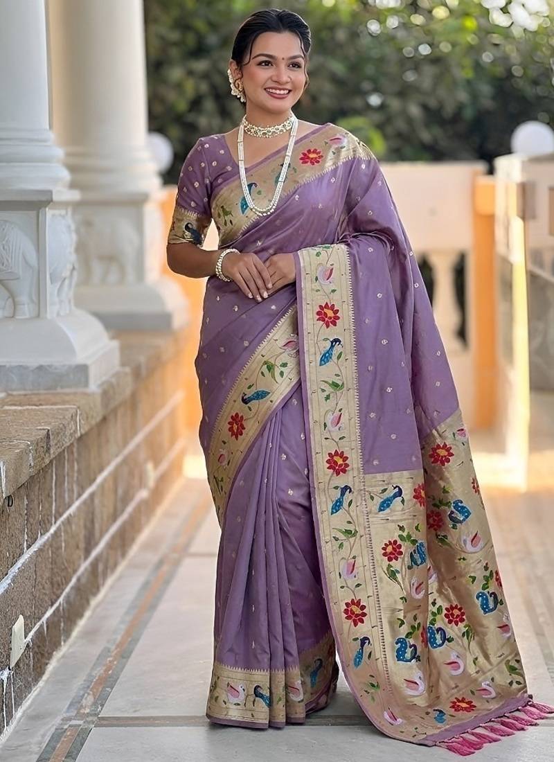 lavender soft paithani style silk blend with zari weaving meenakari saree with blouse