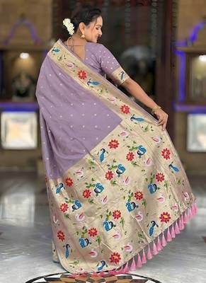 lavender soft paithani style silk blend with zari weaving meenakari saree with blouse 2