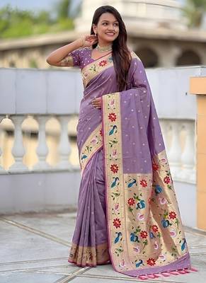 lavender soft paithani style silk blend with zari weaving meenakari saree with blouse 3