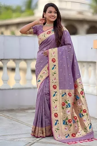 lavender soft paithani style silk blend with zari weaving meenakari saree with blouse