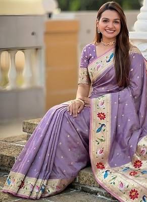 lavender soft paithani style silk blend with zari weaving meenakari saree with blouse 4