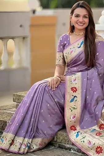 lavender soft paithani style silk blend with zari weaving meenakari saree with blouse