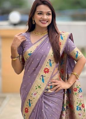 lavender soft paithani style silk blend with zari weaving meenakari saree with blouse 5