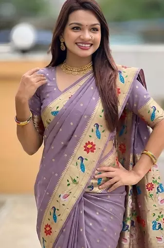 lavender soft paithani style silk blend with zari weaving meenakari saree with blouse