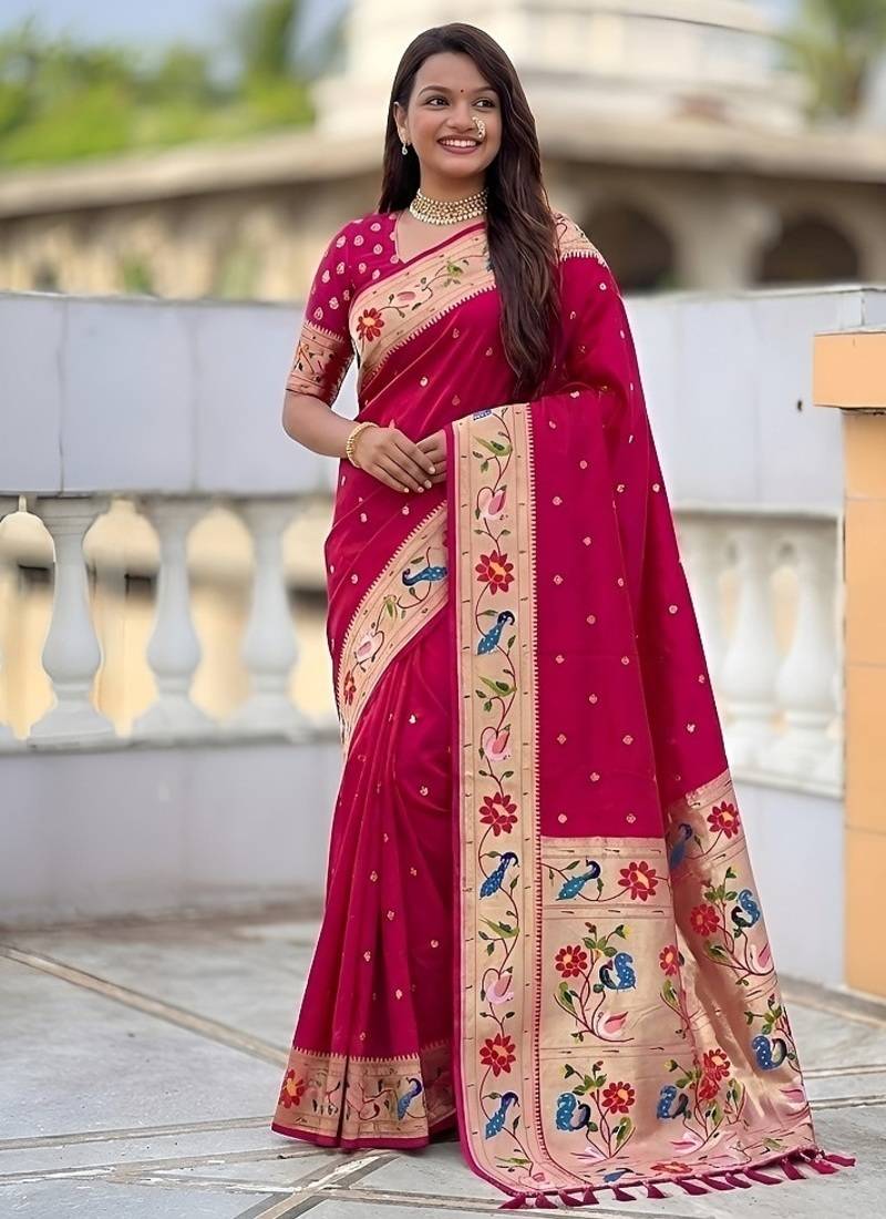 ranipink soft paithani style silk blend with zari weaving meenakari saree with blouse