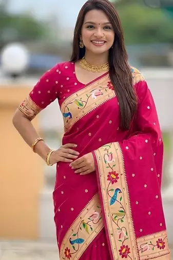 ranipink soft paithani style silk blend with zari weaving meenakari saree with blouse