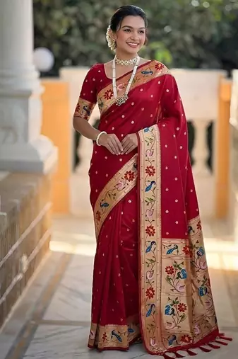 red soft paithani style silk blend with zari weaving meenakari saree with blouse