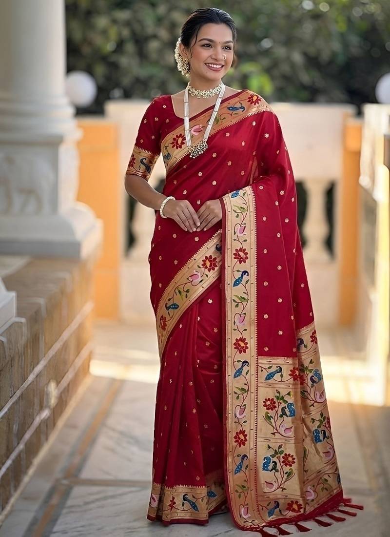 red soft paithani style silk blend with zari weaving meenakari saree with blouse