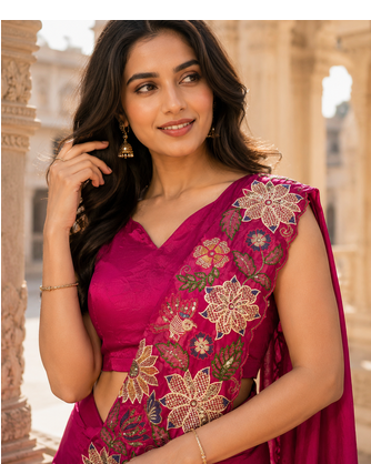 Designer Pink Fendy Silk Embroidered Ready To Wear Saree with Stitched Blouse Stitched. 3