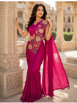 Designer Pink Fendy Silk Embroidered Ready To Wear Saree with Stitched Blouse Stitched. 5