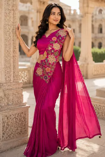 Designer Pink Fendy Silk Embroidered Ready To Wear Saree with Stitched Blouse Stitched.