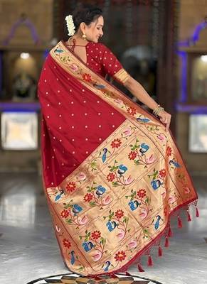 red soft paithani style silk blend with zari weaving meenakari saree with blouse 2