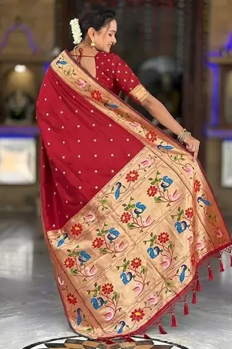 red soft paithani style silk blend with zari weaving meenakari saree with blouse