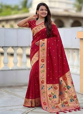 red soft paithani style silk blend with zari weaving meenakari saree with blouse 3