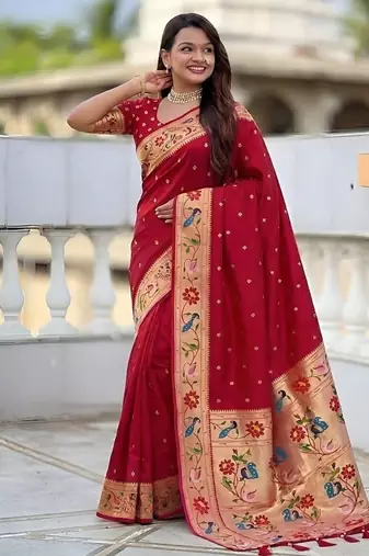 red soft paithani style silk blend with zari weaving meenakari saree with blouse