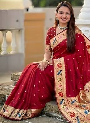 red soft paithani style silk blend with zari weaving meenakari saree with blouse 4
