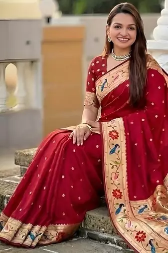 red soft paithani style silk blend with zari weaving meenakari saree with blouse