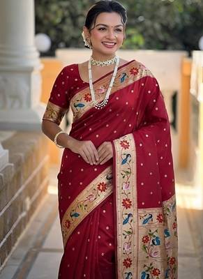 red soft paithani style silk blend with zari weaving meenakari saree with blouse 5