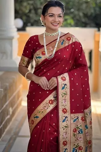 red soft paithani style silk blend with zari weaving meenakari saree with blouse