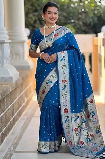 skyblue soft paithani style silk blend with zari weaving meenakari saree with blouse