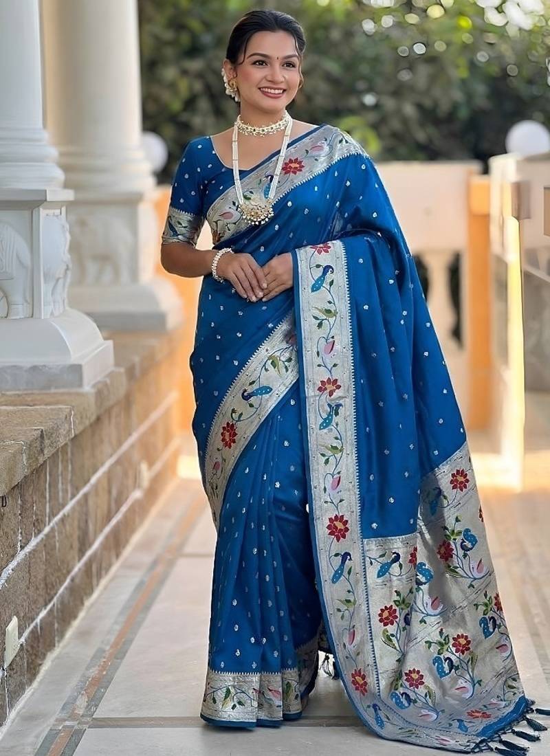 skyblue soft paithani style silk blend with zari weaving meenakari saree with blouse