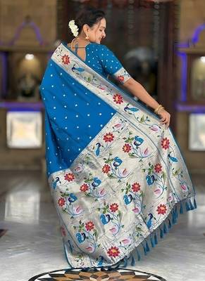 skyblue soft paithani style silk blend with zari weaving meenakari saree with blouse 2