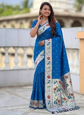 skyblue soft paithani style silk blend with zari weaving meenakari saree with blouse 3