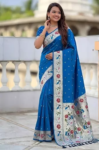 skyblue soft paithani style silk blend with zari weaving meenakari saree with blouse