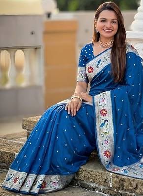 skyblue soft paithani style silk blend with zari weaving meenakari saree with blouse 4