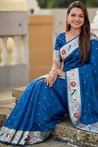 skyblue soft paithani style silk blend with zari weaving meenakari saree with blouse
