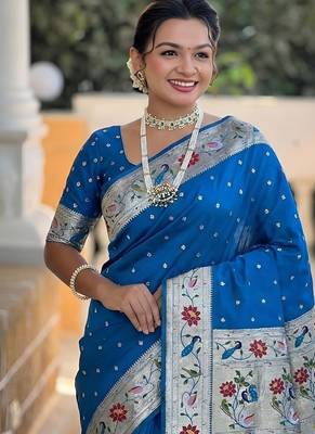 skyblue soft paithani style silk blend with zari weaving meenakari saree with blouse 5