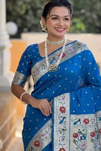 skyblue soft paithani style silk blend with zari weaving meenakari saree with blouse