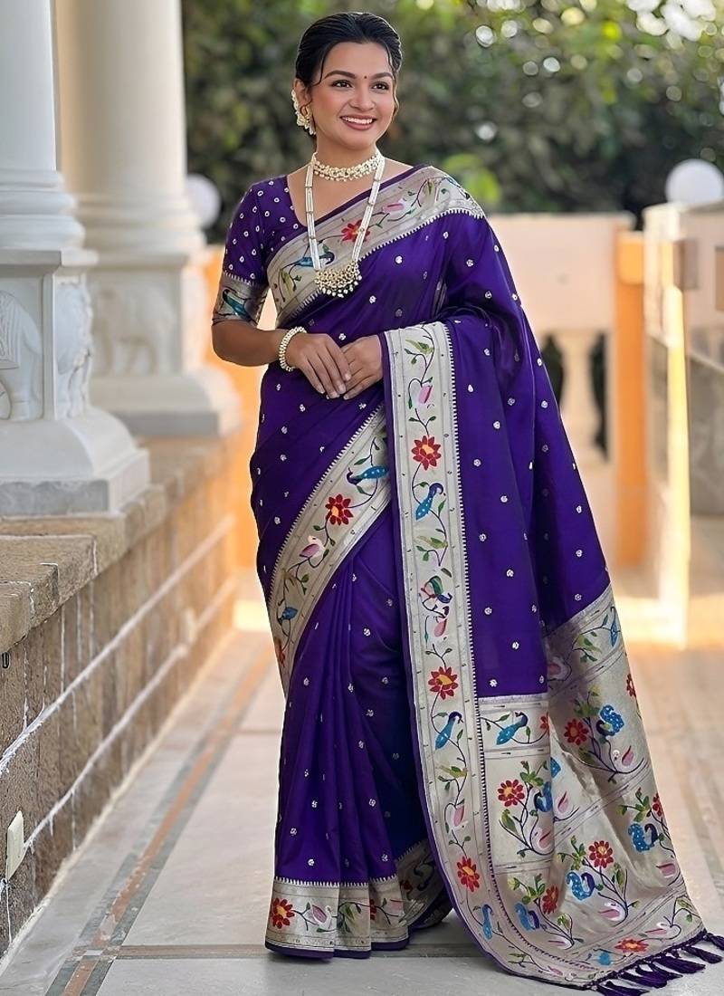 purple soft paithani style silk blend with zari weaving meenakari saree with blouse